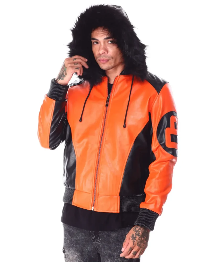 Mens Orange & Black 8 Ball Hooded Leather Bomber Jacket