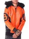 Mens Orange & Black 8 Ball Hooded Leather Bomber Jacket