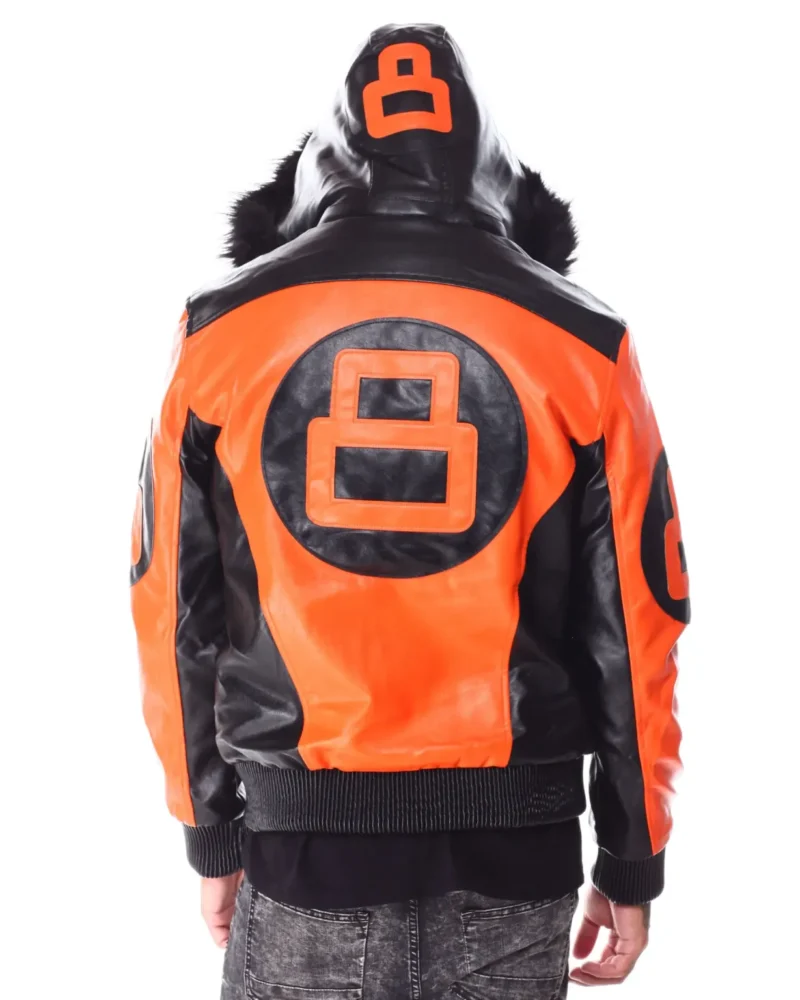 Mens Orange & Black 8 Ball Hooded Leather Bomber Jacket