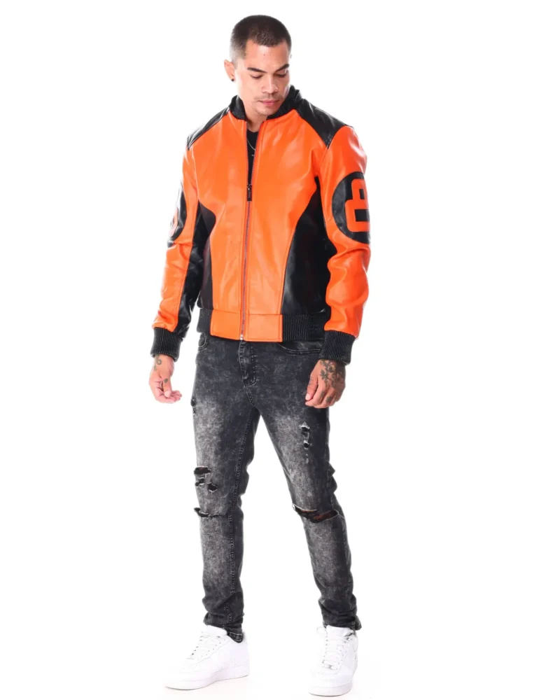 Mens Orange & Black 8 Ball Hooded Leather Bomber Jacket