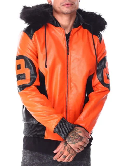 Mens Orange & Black 8 Ball Hooded Leather Bomber Jacket