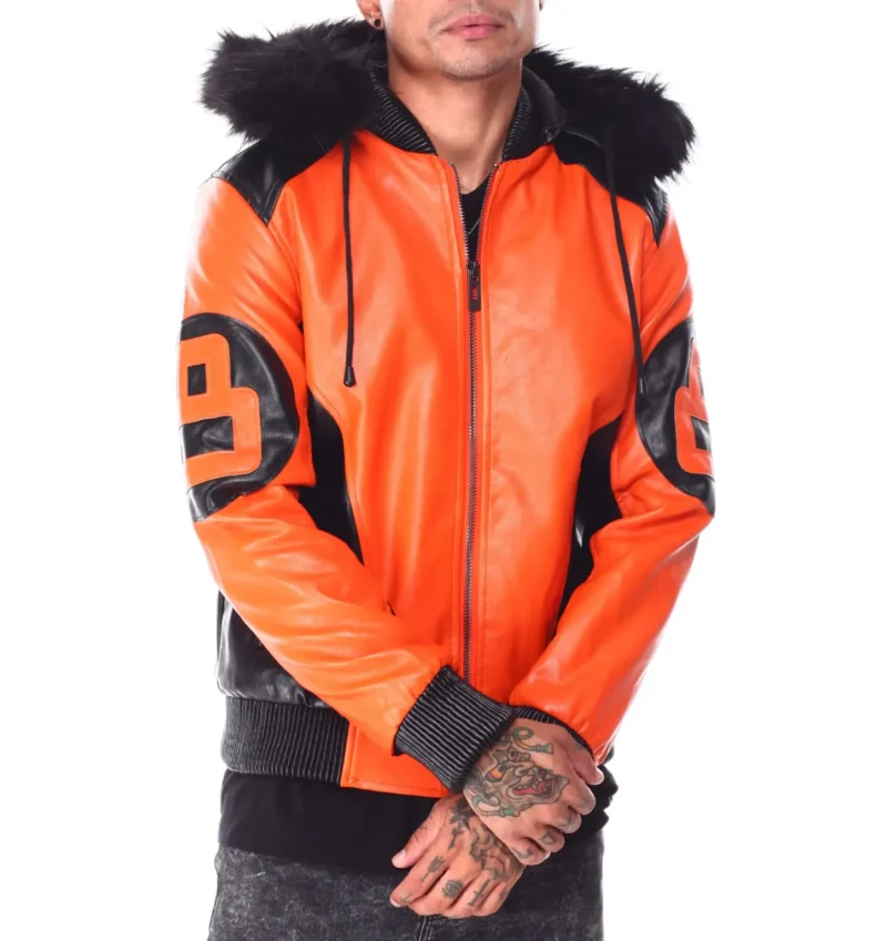 Mens Orange & Black 8 Ball Hooded Leather Bomber Jacket