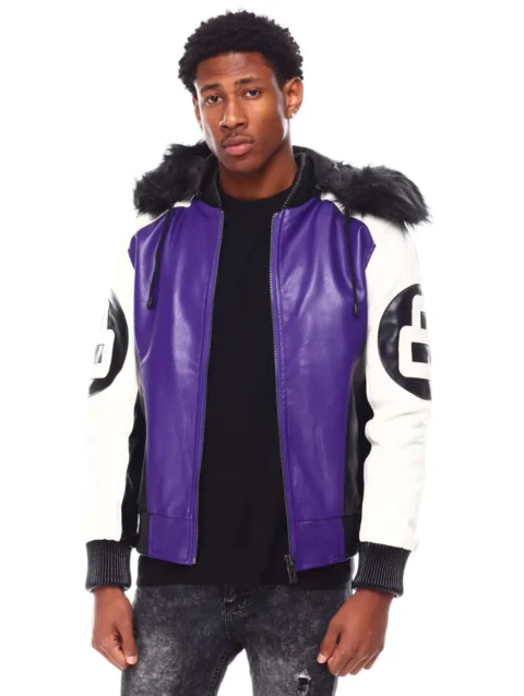 Mens Purple 8 Ball Color Block Hooded Bomber Jacket