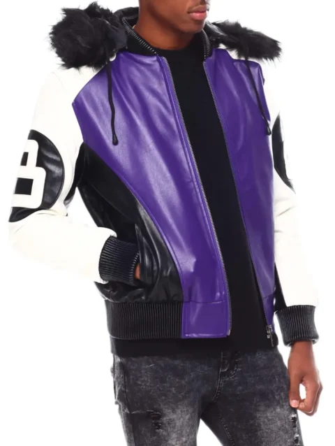 Mens Purple 8 Ball Color Block Hooded Bomber Jacket