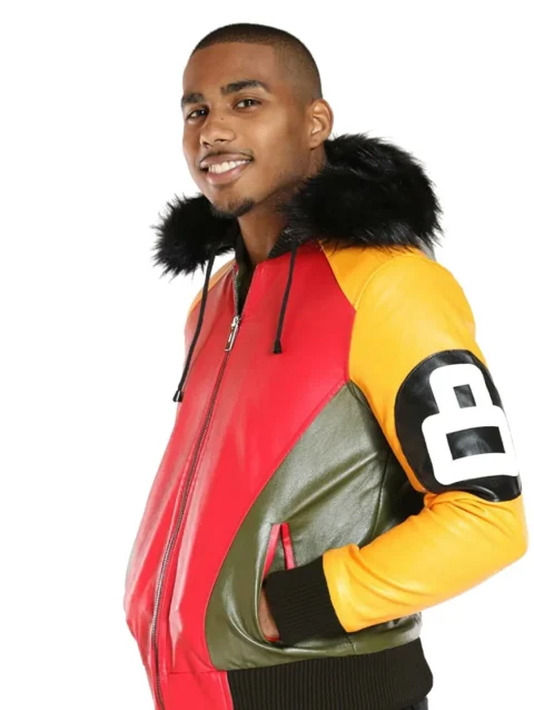 Men’s Tri Color 8 Ball Leather Jacket with Fur Hood