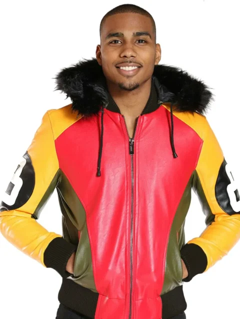 Men’s Tri Color 8 Ball Leather Jacket with Fur Hood
