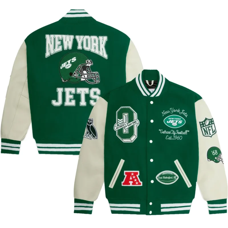 New York Jets OVO Wool & Leather Full-Snap Varsity Jacket