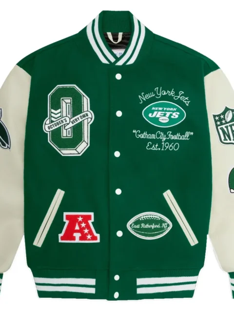 New York Jets OVO Wool & Leather Full-Snap Varsity Jacket