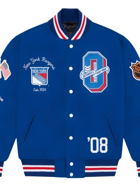 New York Rangers OVO x NHL Blue Full-Snap Varsity Jacket