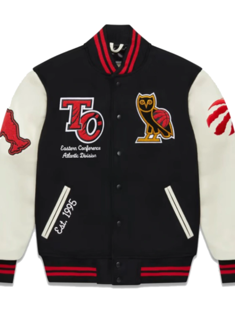 OVO X Toronto Raptors Black Cream Wool & Leather Varsity Jacket