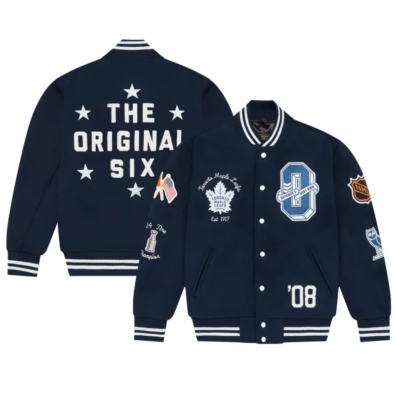 Toronto Maple Leafs OVO x NHL Full-Snap Varsity Jacket Blue - Image 7