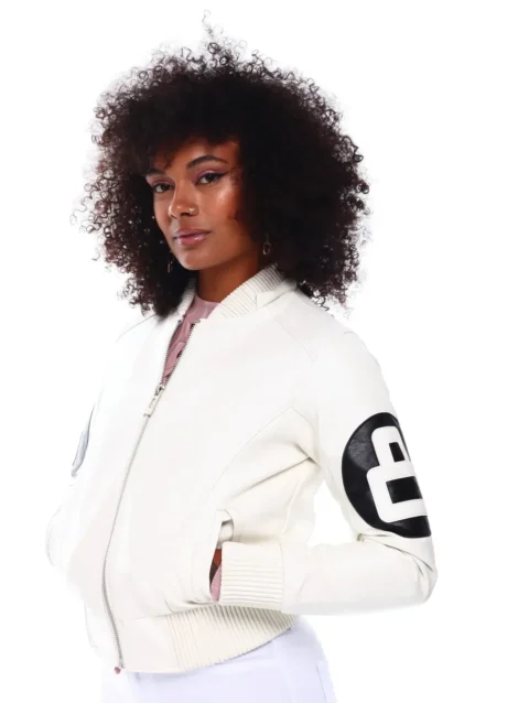 Women’s 8 Ball White Hooded Bomber Leather Jacket