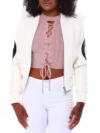 Women’s 8 Ball White Hooded Bomber Leather Jacket