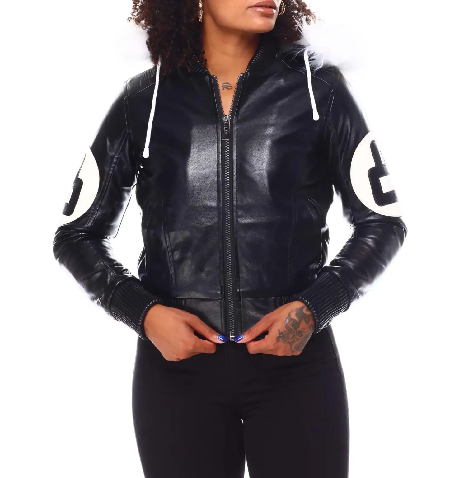 Women’s Black 8 Ball Bomber Leather Jacket