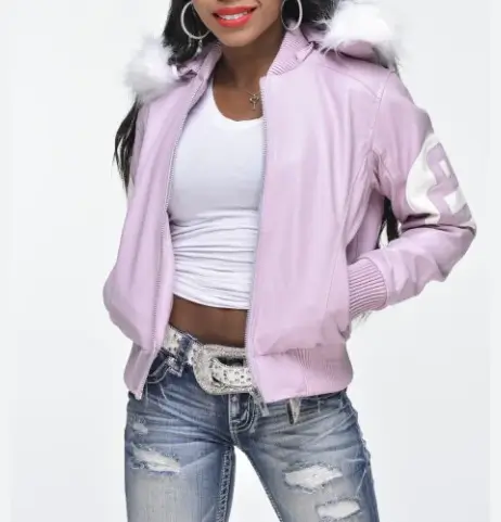 Womens Pink 8 Ball Bomber Leather Jacket