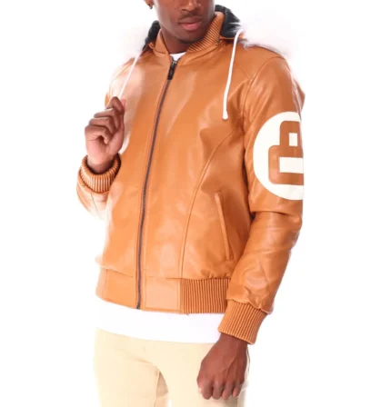 Mens 8 Ball Bomber Leather Jacket Light Brown