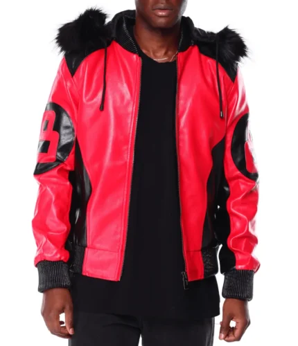 Mens 8 Ball Hooded Leather Jacket Black Red