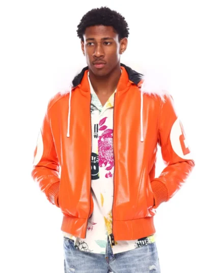 Mens 8 Ball Hooded Leather Jacket Orange