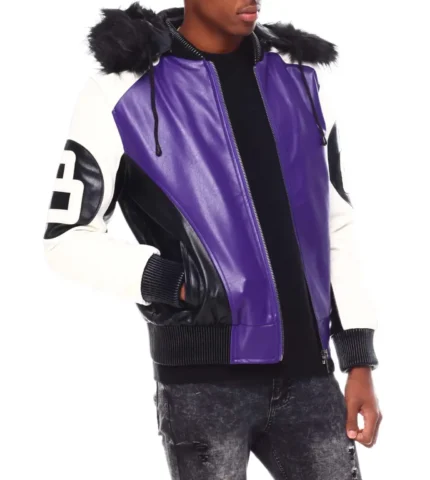 Mens 8 Ball Color Block Hooded Bomber Jacket Purple