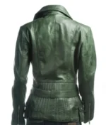 Women’s Bottle Green Belted Asymmetric Biker Style Leather Jacket-2