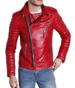 Men’s Red Biker Leather Padded Sleeve Jacket
