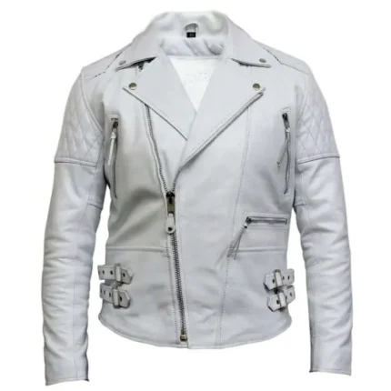 Men’s White Leather Biker Jacket