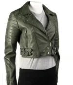 Women’s Forest Green Cropped Leather Biker Jacket-1