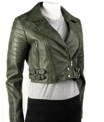 Women’s Forest Green Cropped Leather Biker Jacket-1
