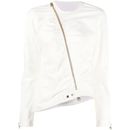 Women’s White Cuff-Zip Leather Jacket