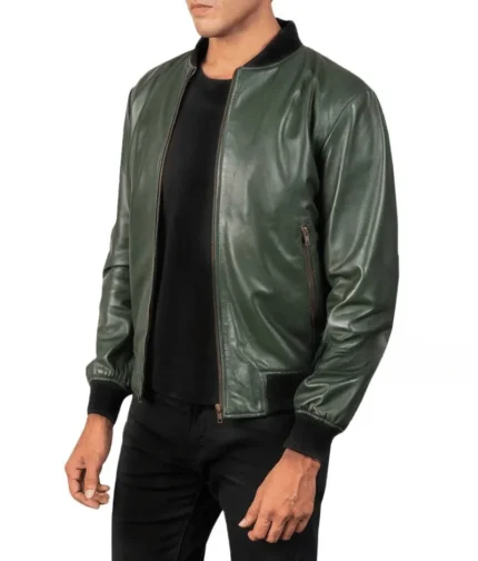 Green Bomber Leather Jacket Men-1