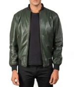 Green Bomber Leather Jacket Men