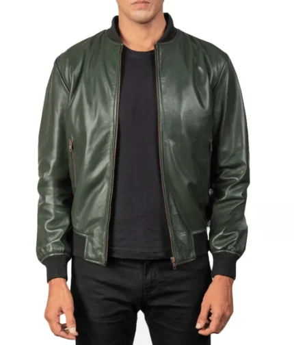 Green Bomber Leather Jacket Men