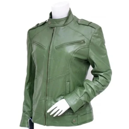 Women’s Fashion Green Biker Leather Jacket
