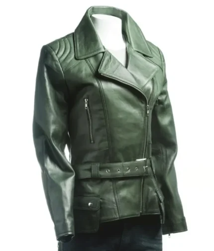 Women’s Bottle Green Belted Asymmetric Biker Style Leather Jacket-1