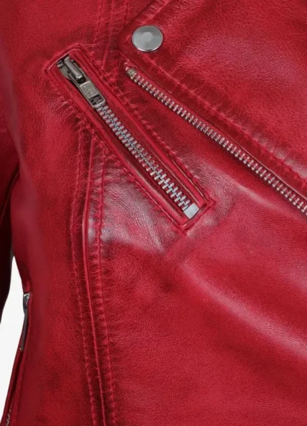 Women’s Red Asymmetrical Belted Leather Jacket-2