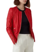 Red Collarless Leather Jacket Women