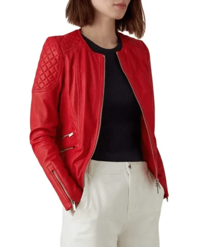 Red Collarless Leather Jacket Women