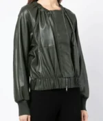 Women’s Dark Olive Gathered Detail Leather Jacket-1