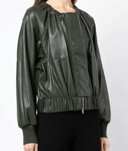 Women’s Dark Olive Gathered Detail Leather Jacket-1