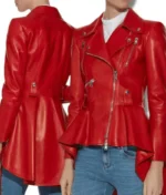 Motorcycle Style Women’s Red Leather Peplum Jacket-5