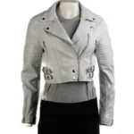 Women’s Antique White Cropped Leather Biker Jacket