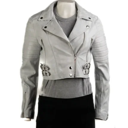 Women’s Antique White Cropped Leather Biker Jacket