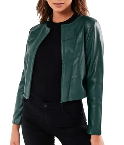 Green Collarless Leather Jacket Women