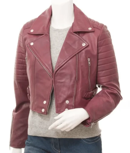 Women’s Burgundy Leather Crop Biker Jacket