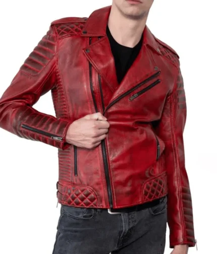 Red Distressed Leather Jacket Men-2