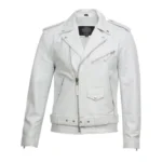 Men’s White Leather Cross Zip Biker Jacket
