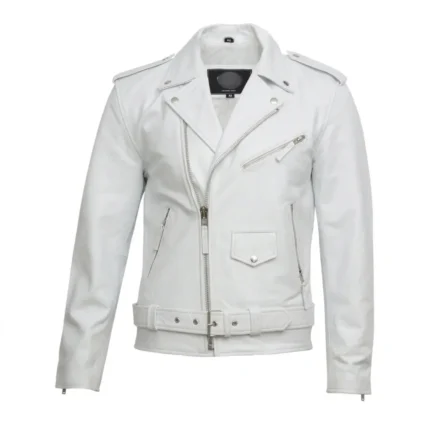 Men’s White Leather Cross Zip Biker Jacket