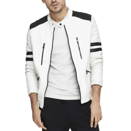 White Leather Jacket With Black Stripes