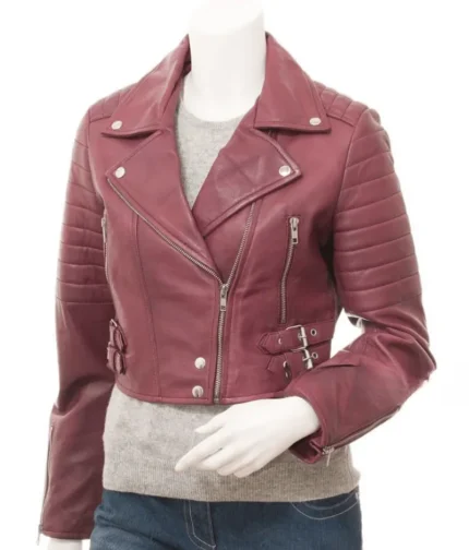 Women’s Burgundy Leather Crop Biker Jacket-2