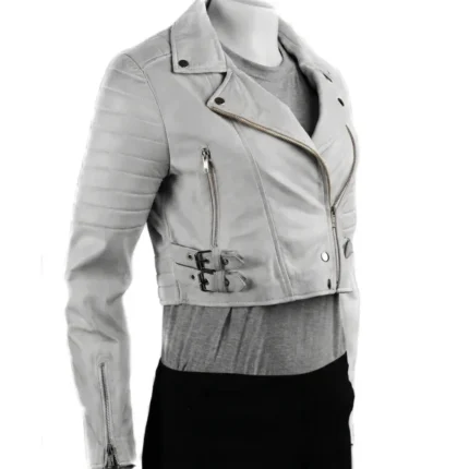 Women’s Antique White Cropped Leather Biker Jacket-1